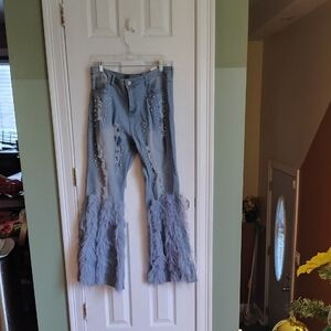 Stylish Flare Jeans with Feather Trim